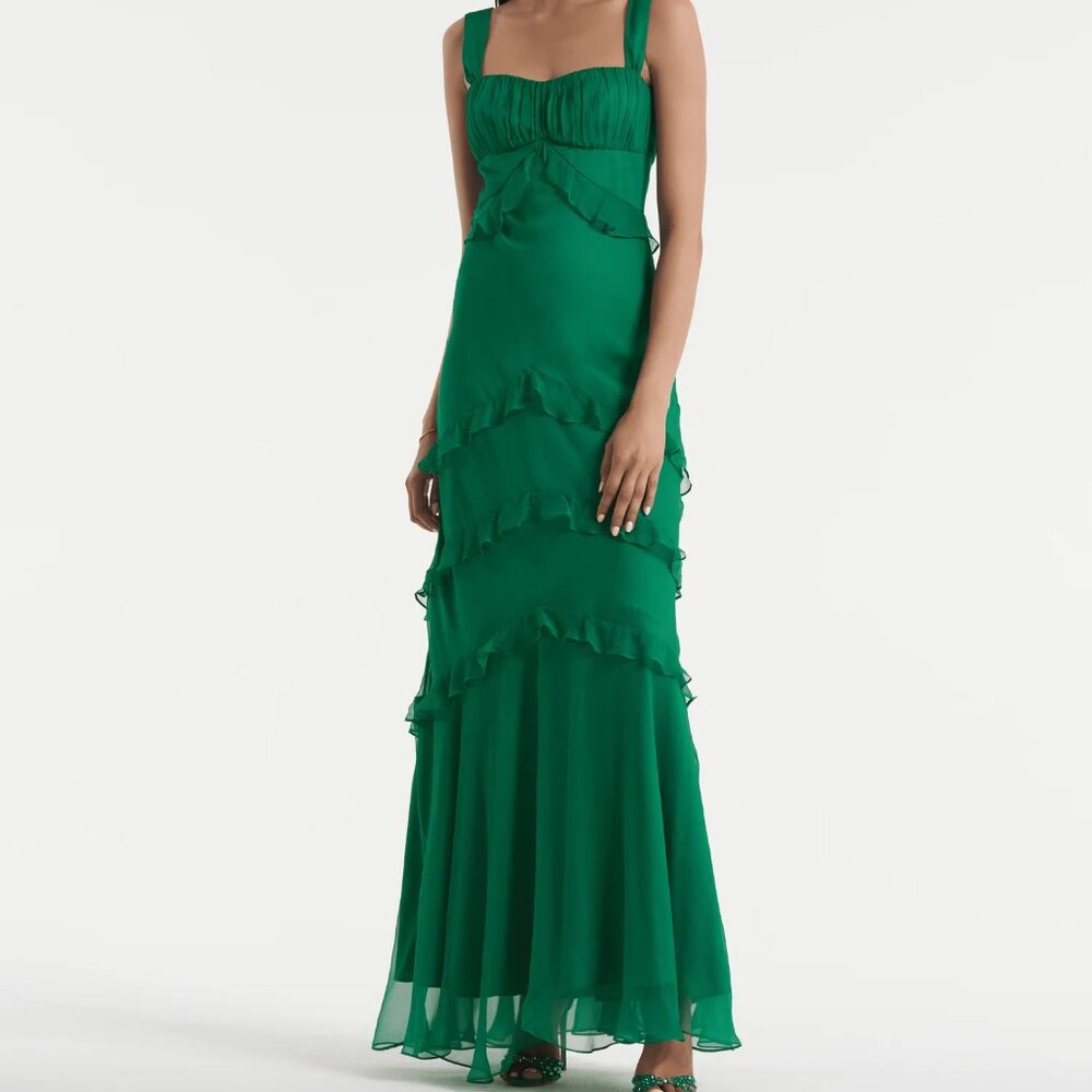 SALONI Emerald Green Ruffle Tiered Silk Gown